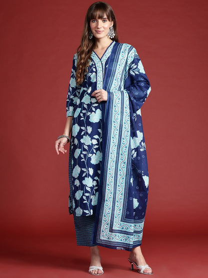 Dhiyona IE Floral Printed Pure Cotton Kurta With Trousers & Dupatta