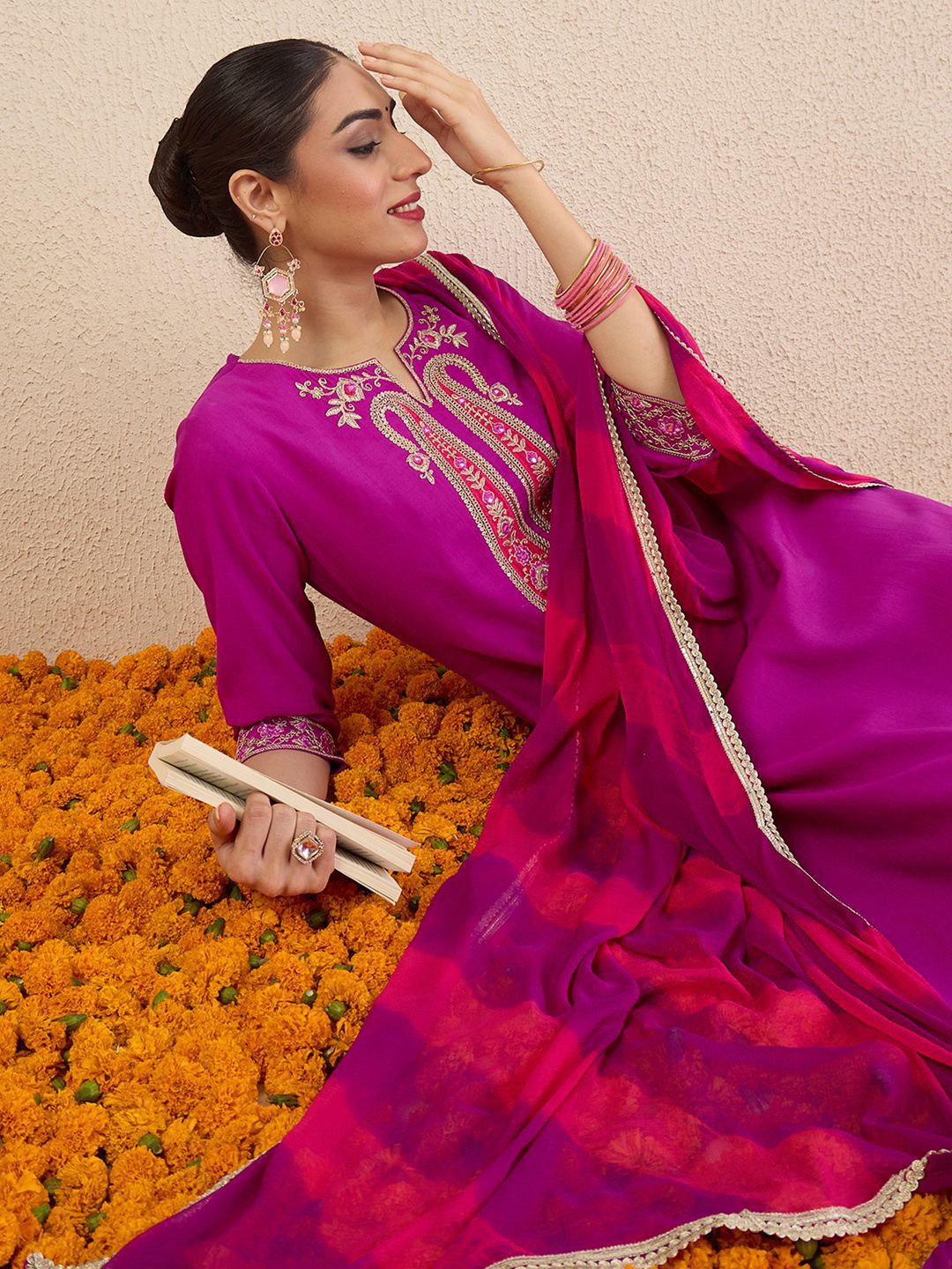 Women Solid Embroidered Kurta with Pyjama & Dupatta