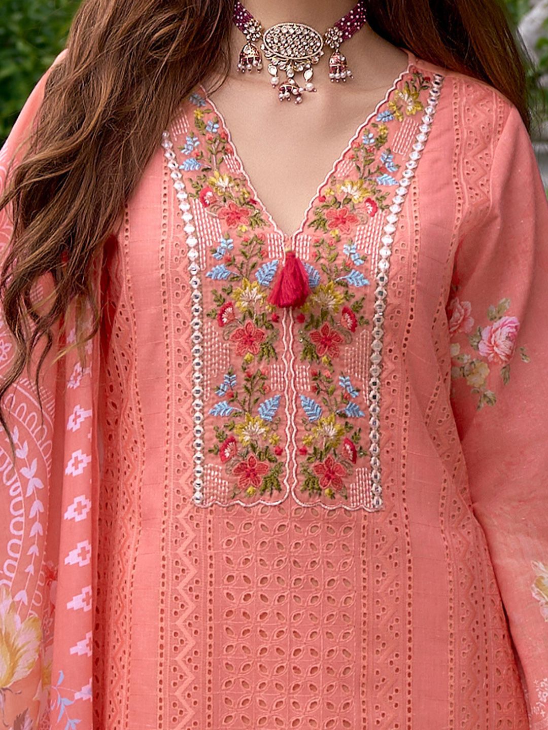 Women Floral Embroidered Regular Mirror Work Pure Cotton Kurta with Trousers & With Dupatta