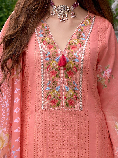 Women Floral Embroidered Regular Mirror Work Pure Cotton Kurta with Trousers & With Dupatta