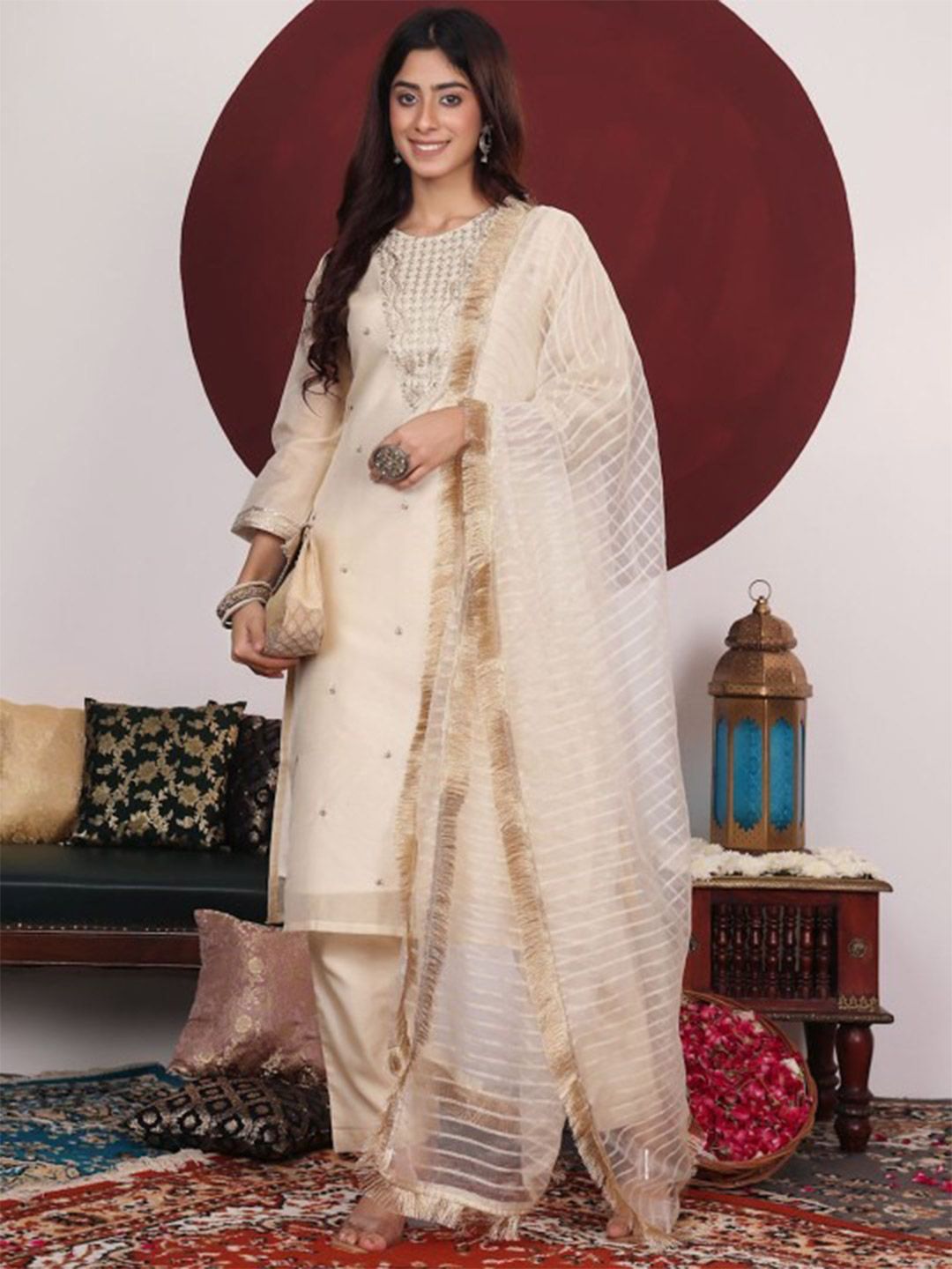 Dhiyona VA Women's Floral Woven Design Thread Work Kurta with Trousers & Dupatta