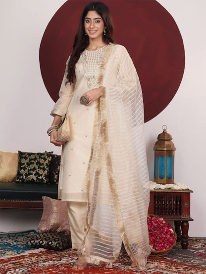 Dhiyona VA Women's Floral Woven Design Thread Work Kurta with Trousers & Dupatta