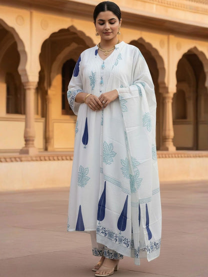 Women Printed Regular Thread Work Pure Cotton Kurta with Trousers & Dupatta