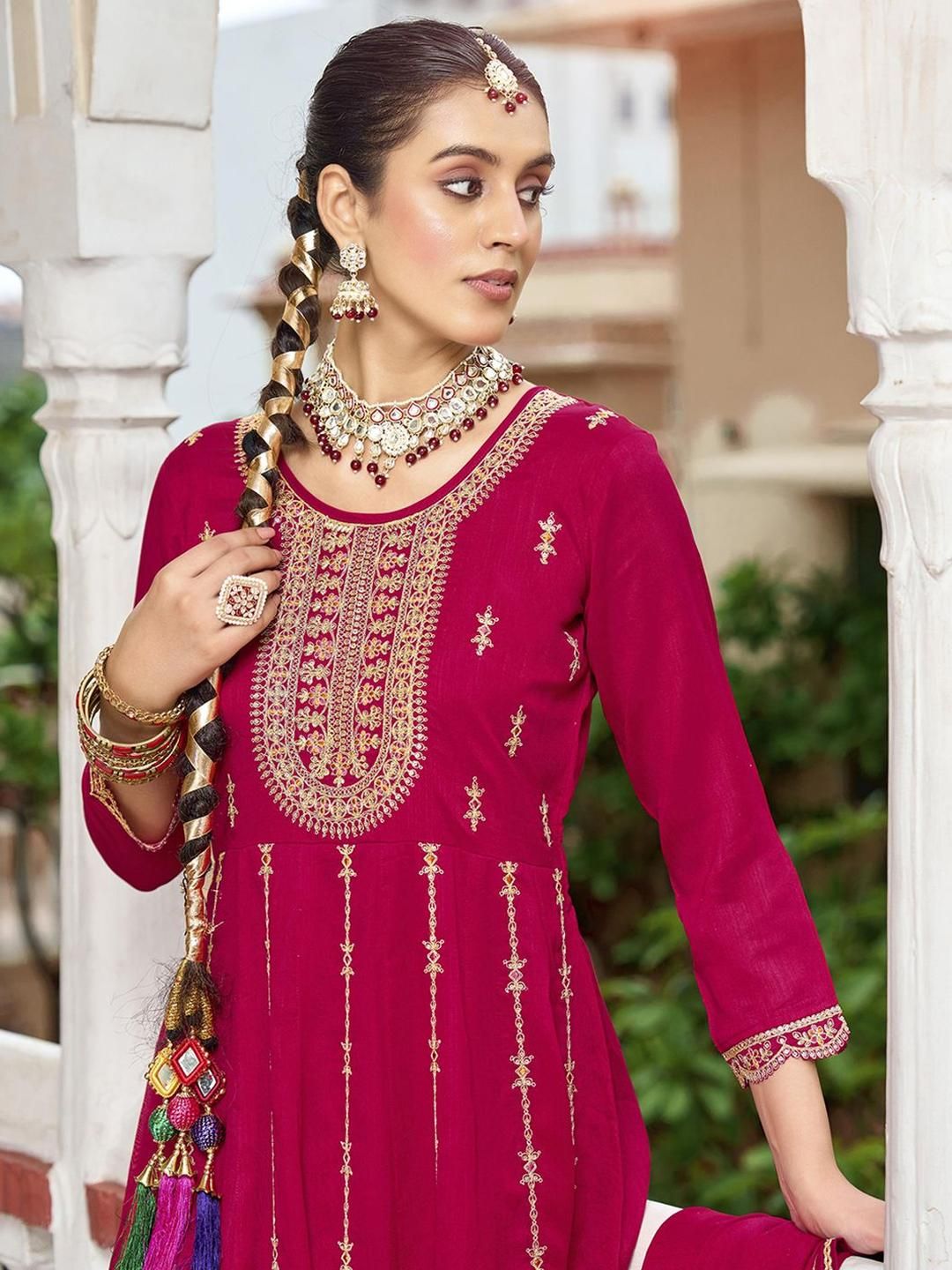 Dhiyona CH Women Woven Design Embroidered A-Line Kurta with Trousers & Dupatta