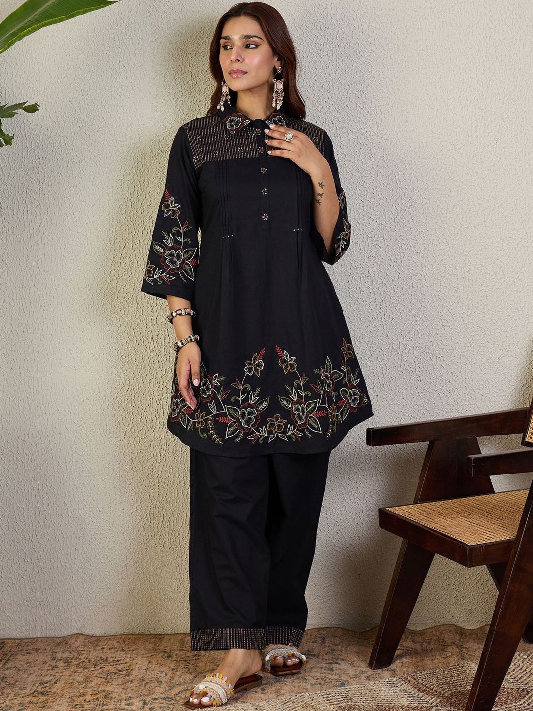 Women Floral Embroidered Thread Work Pure Cotton A-Line Kurti with Trousers