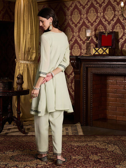 Dhiyona CH Women Ethnic Motifs Embroidered V-Neck Thread Work A-Line Regular Kurta Set