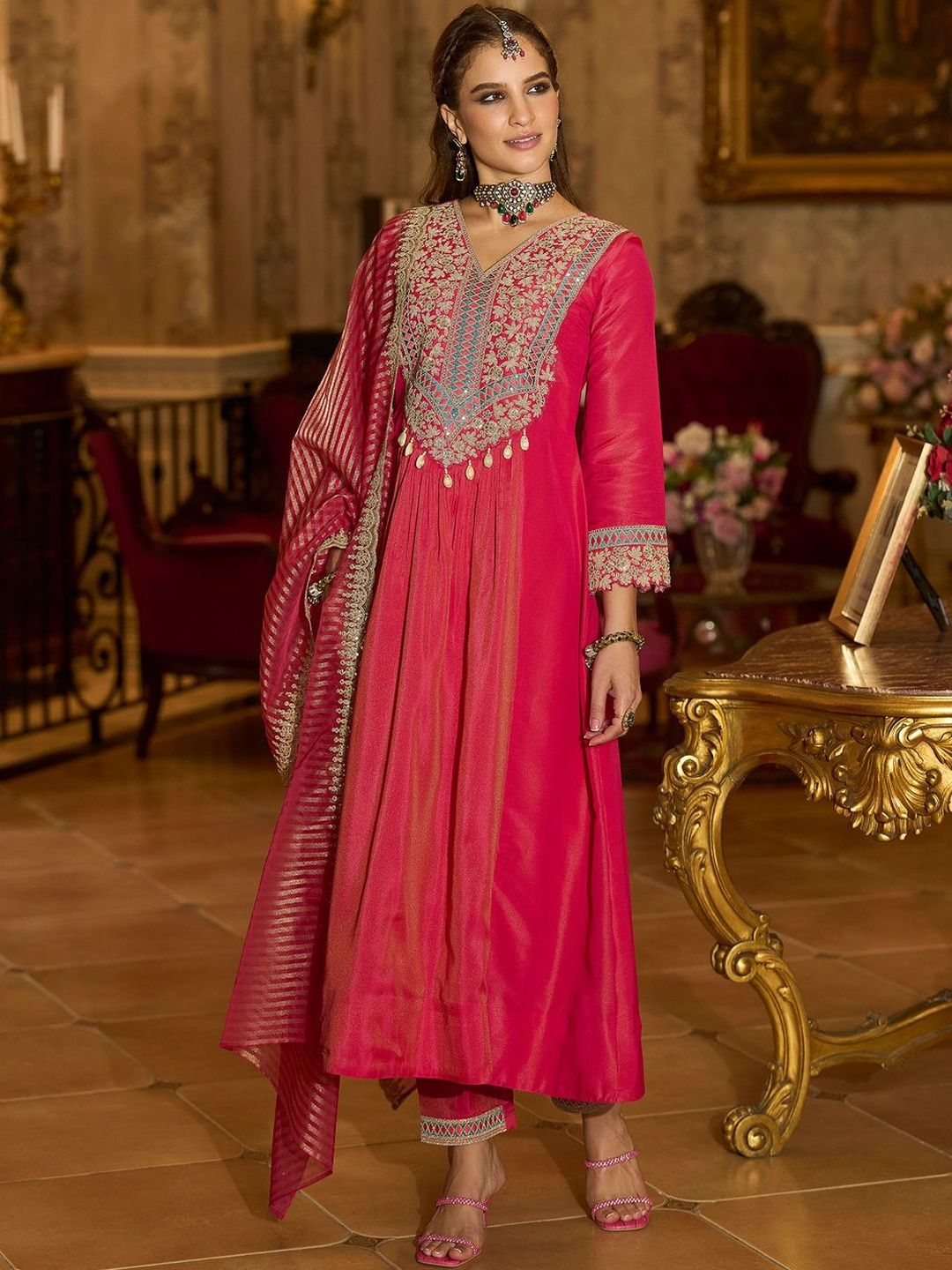 Floral Embroidered V-Neck A-Line Kurta With Trousers & Dupatta