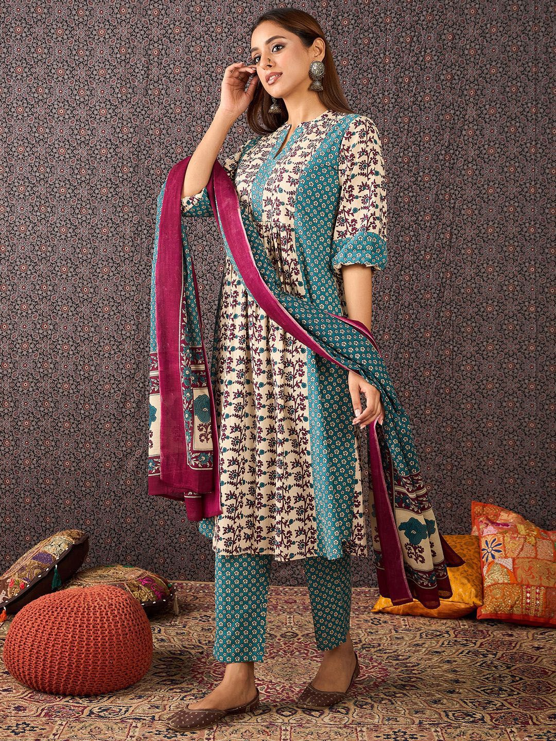 Floral Printed Mandarin Collar Pure Cotton A-Line Kurta & Trousers With Dupatta