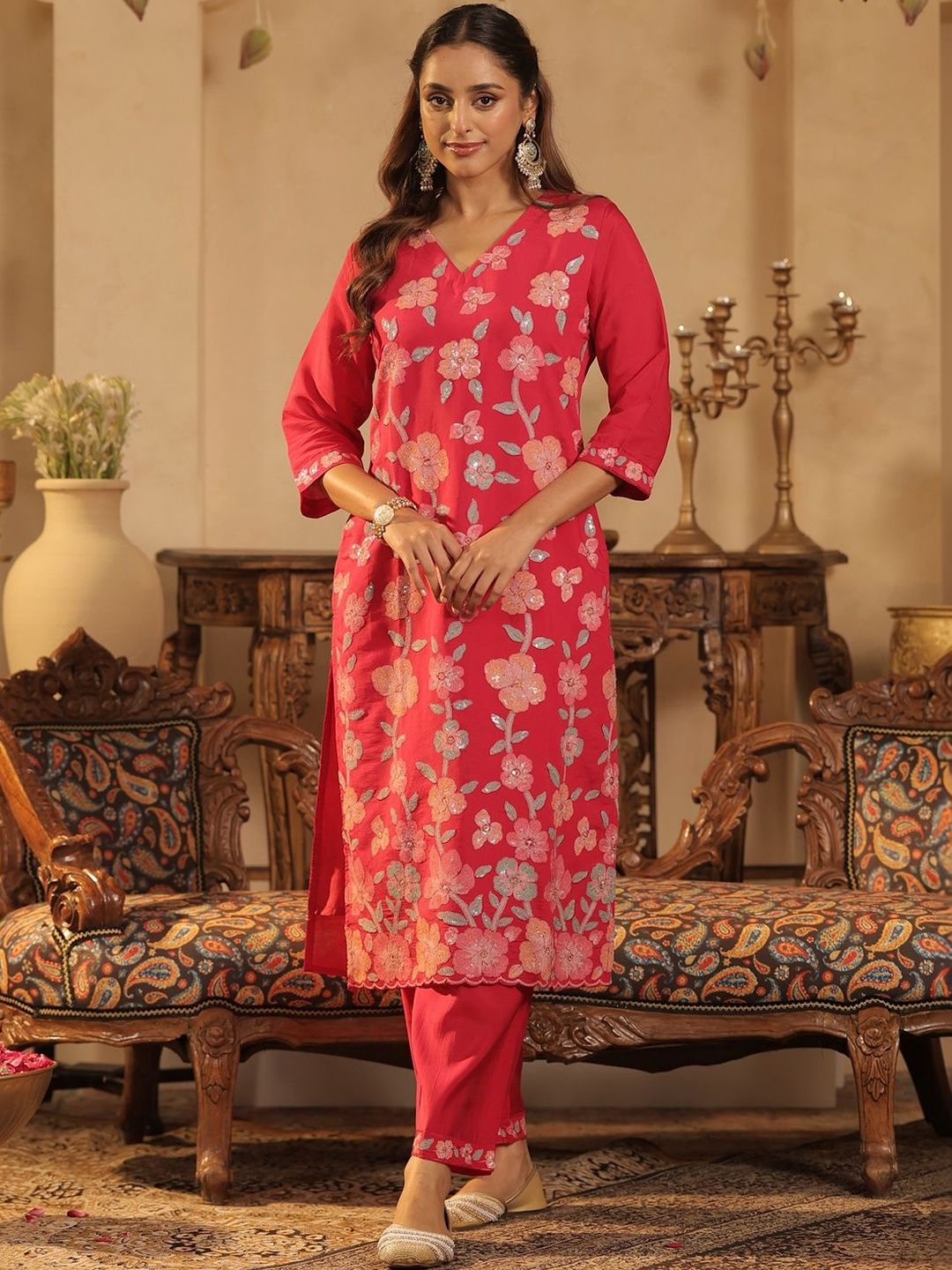Women Floral Embroidered Regular Sequinned Kurta with Trousers & With Dupatta