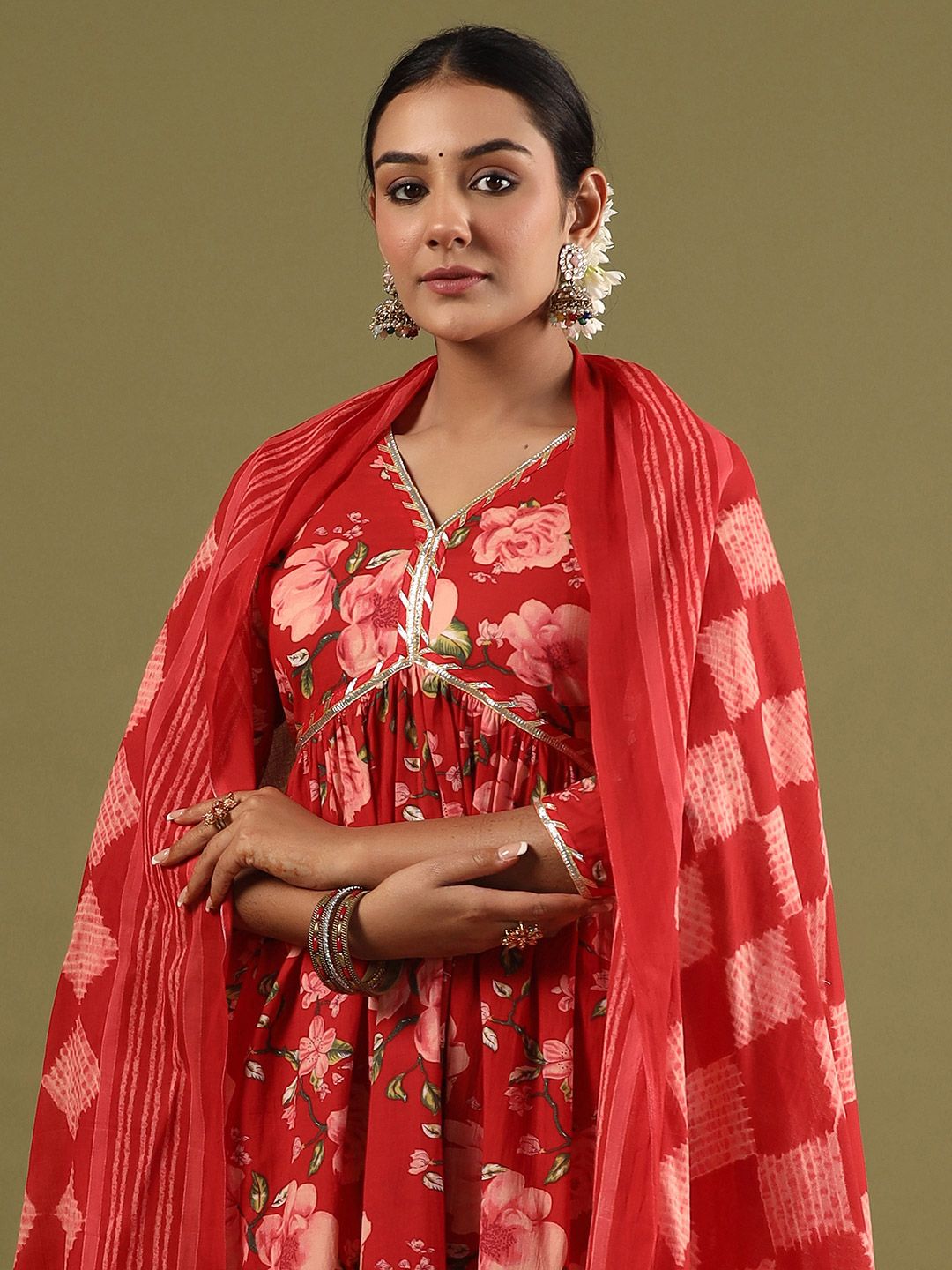 Floral Printed Empire Gotta Patti Pure Cotton Kurta With Trousers & Dupatta