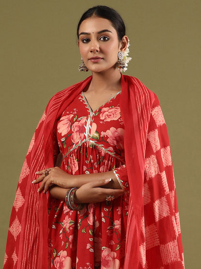 Floral Printed Empire Gotta Patti Pure Cotton Kurta With Trousers & Dupatta