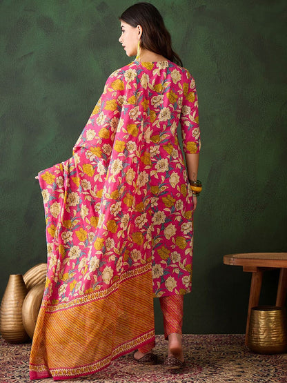 Dhiyona SN Women's Floral Printed Sequinned Pure Cotton Straight Kurta & Trouser With Dupatta