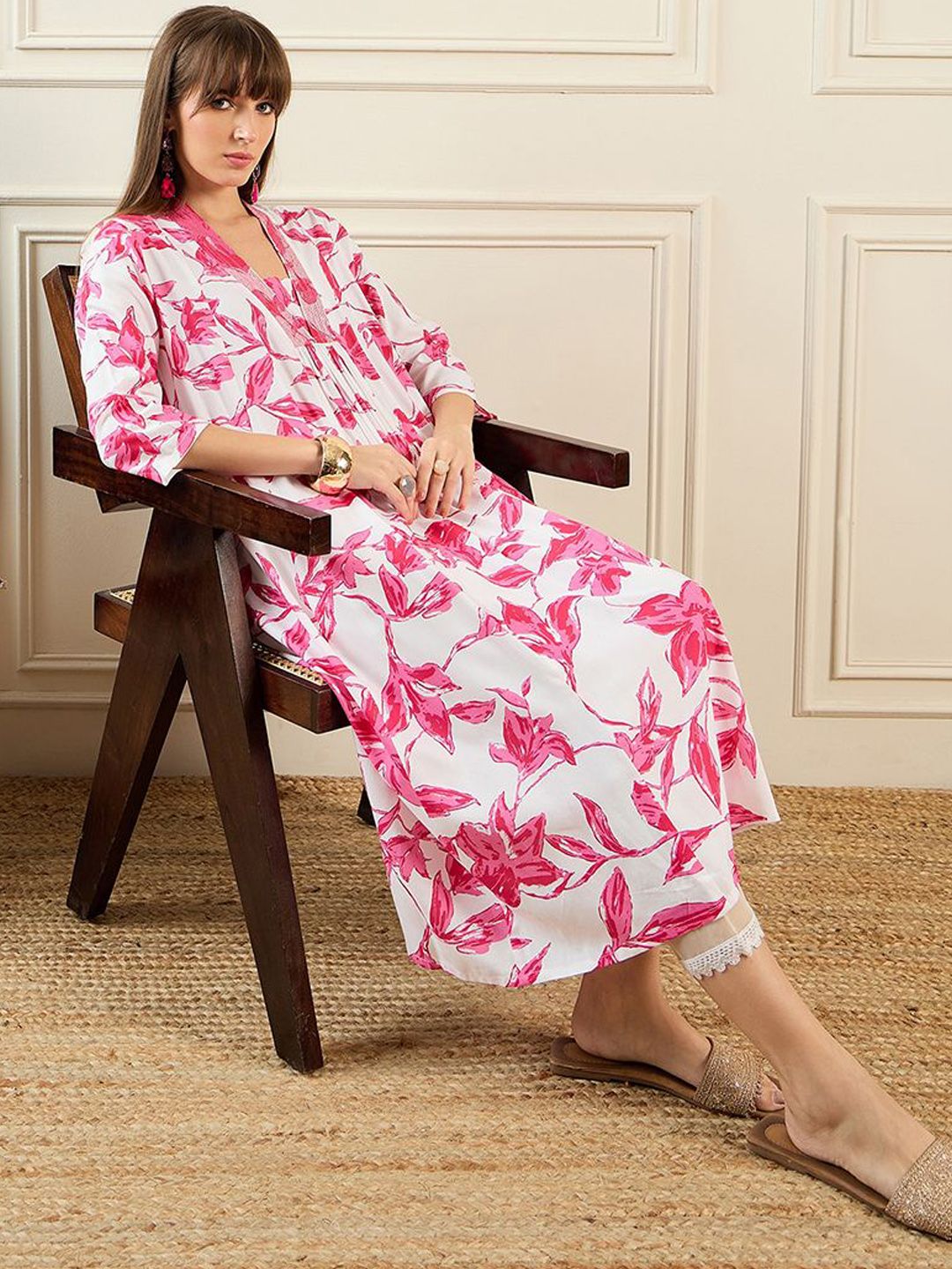 Dhiyona IE Floral Printed Pleated A-Line Kurta