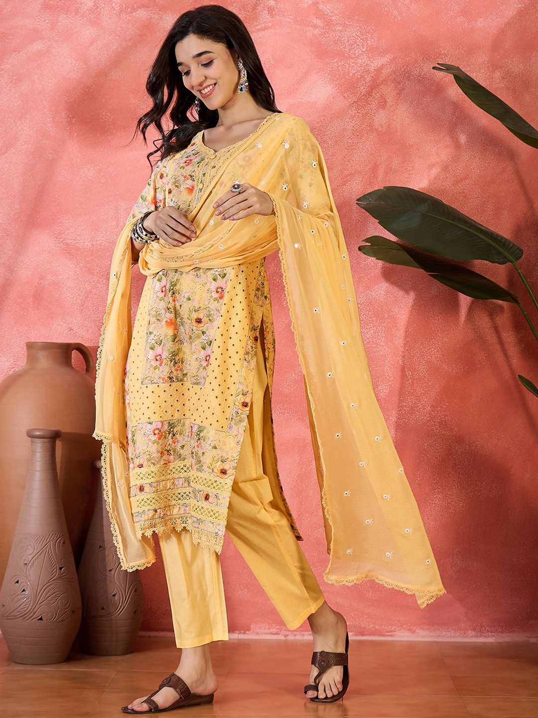 Dhiyona SN Women's Digital Printed With Schiffli Embroidered Cotton Kurta With Bottom & Dupatta Set