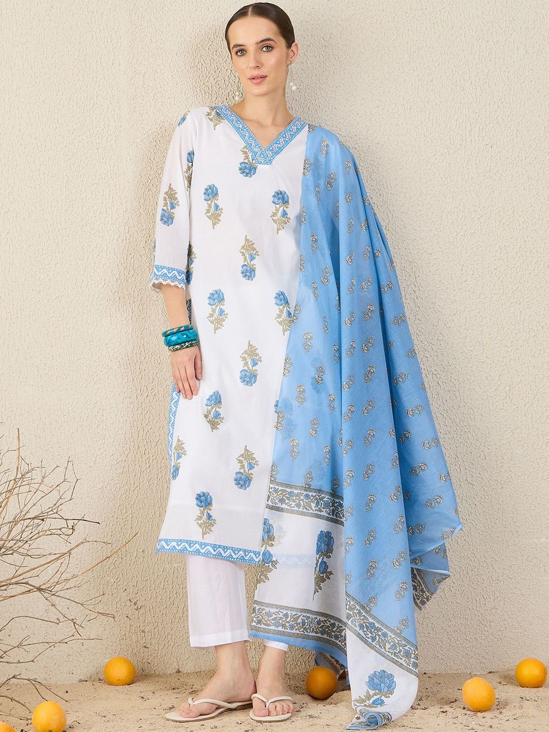 Floral Printed V-Neck Sequinned Pure Cotton Straight Kurta & Trouser With Dupatta