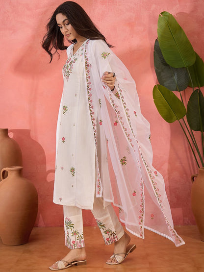 Dhiyona SN Women's Floral Embroidered Thread Work Straight Kurta With Trousers And Dupatta
