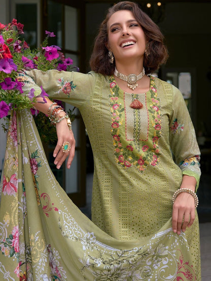 Women Embroidered Straight Pure Cotton Kurta Trousers With Dupatta set