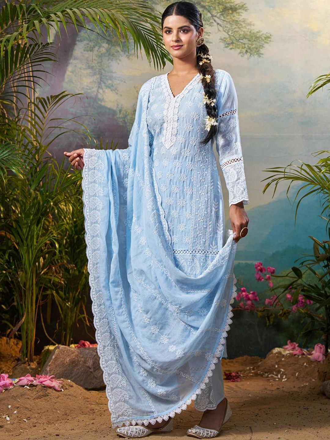 Women Ethnic Motifs Embroidered Regular Thread Work Pure Cotton Kurta with Trousers & With Dupatta