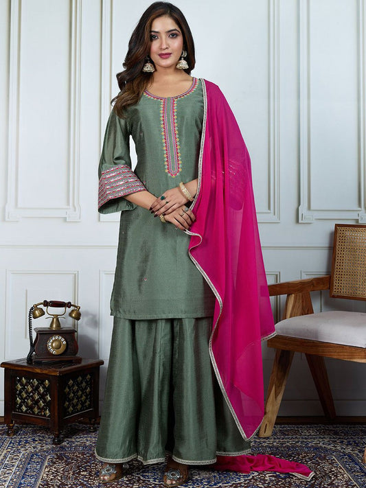 Dhiyona PD Women Women Embroidered Straight Kurta With Trousers & Dupatta