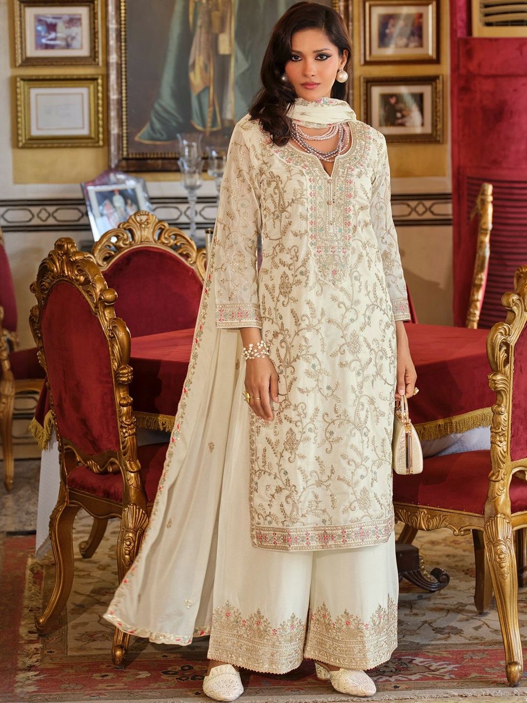 Women Ethnic Motifs Embroidered Regular Thread Work Kurta with Palazzos & Dupatta