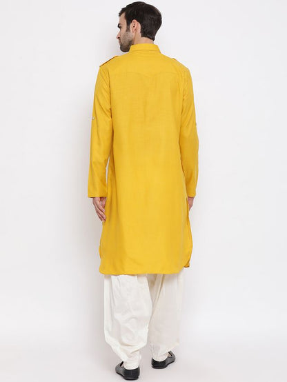 Men's Mustard Cotton Blend Pathani Pathani Kurta Set