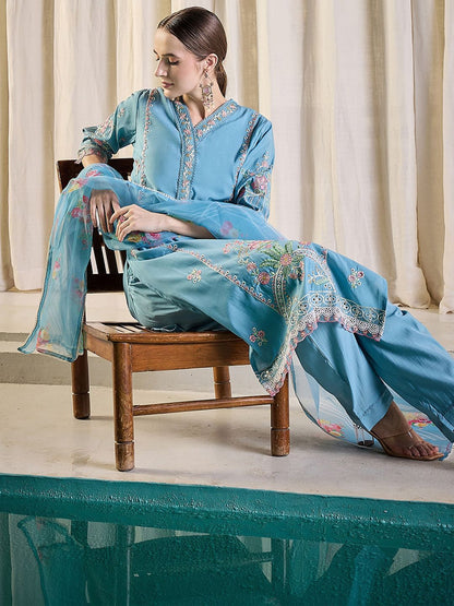 Floral Embroidered Thread Work Kurta With Trousers & Dupatta