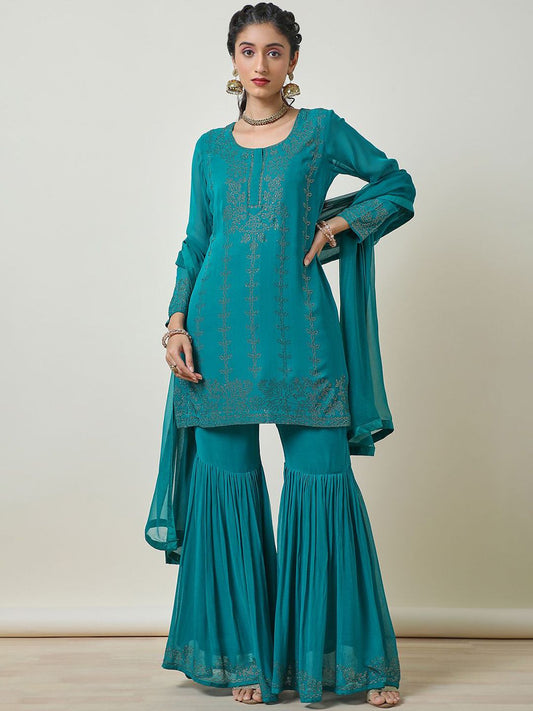 Dhiyona SO Women's Floral Embroidered Beads and Stones Straight Kurti with Sharara & Dupatta