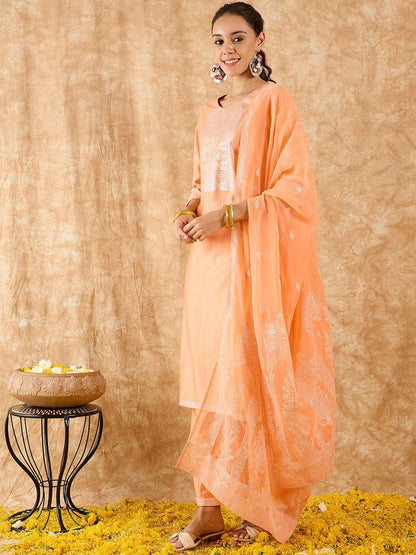 Ethnic Motifs Printed Straight Liva Kurta with Trousers & Dupatta