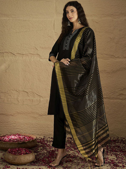 Dhiyona VA Women's Striped Self Design Kurta with Trouser & Dupatta