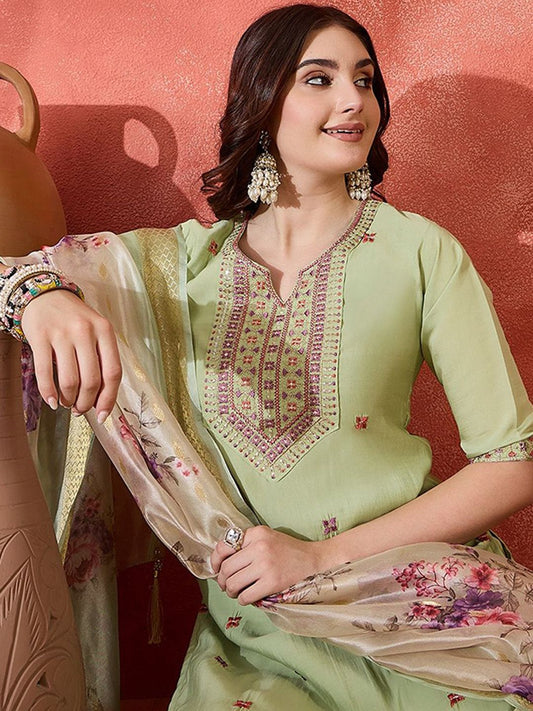 Dhiyona SN Women's Floral Embroidered Notch Neck Sequinned Straight Kurta With Trousers And Dupatta