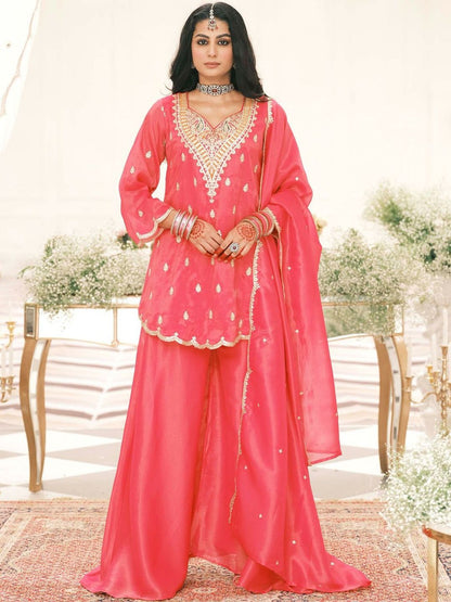 Ethnic Motifs Embroidered V-Neck Thread Work Kurta With Palazzos & Dupatta