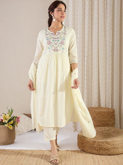 Women Floral Embroidered Empire Thread Work Pure Cotton Kurta with Trousers & With Dupatta