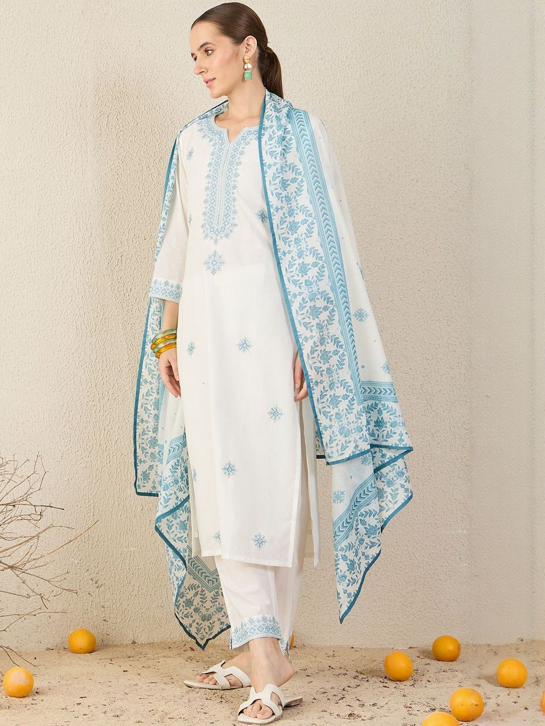 Dhiyona IE Floral Embroidered Straight Pure Cotton Kurta With Trousers & Dupatta