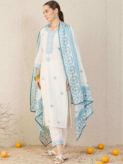 Floral Embroidered Straight Pure Cotton Kurta With Trousers & Dupatta