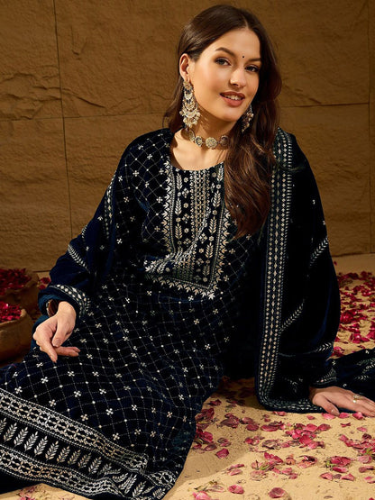Dhiyona PD Women Embroidered Velvet Straight Kurta With Trousers And Dupatta