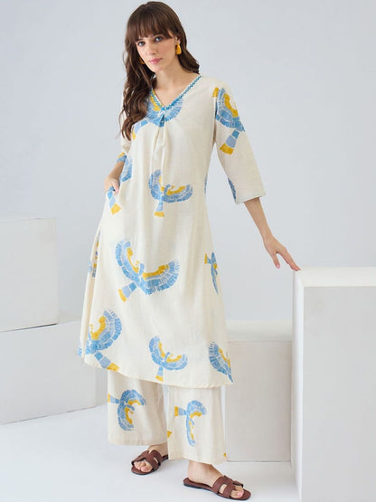 Women Ethnic Motifs Printed Regular Thread Work Pure Cotton Kurta with Palazzos