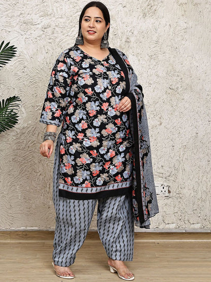 Dhiyona KL Floral Printed Round Neck Straight Kurta With Salwar & Dupatta