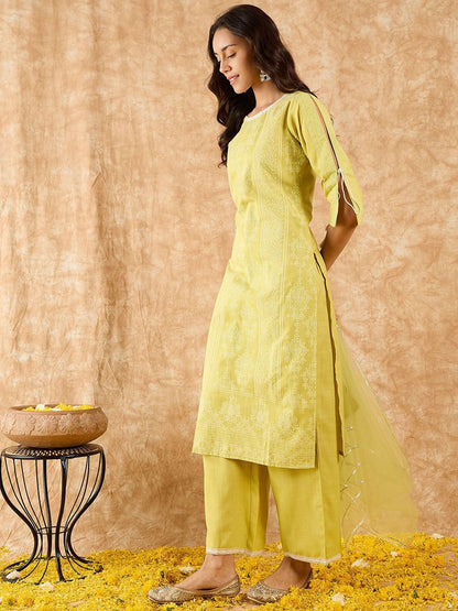 Floral Printed Straight Liva Kurta with Palazzo & Dupatta