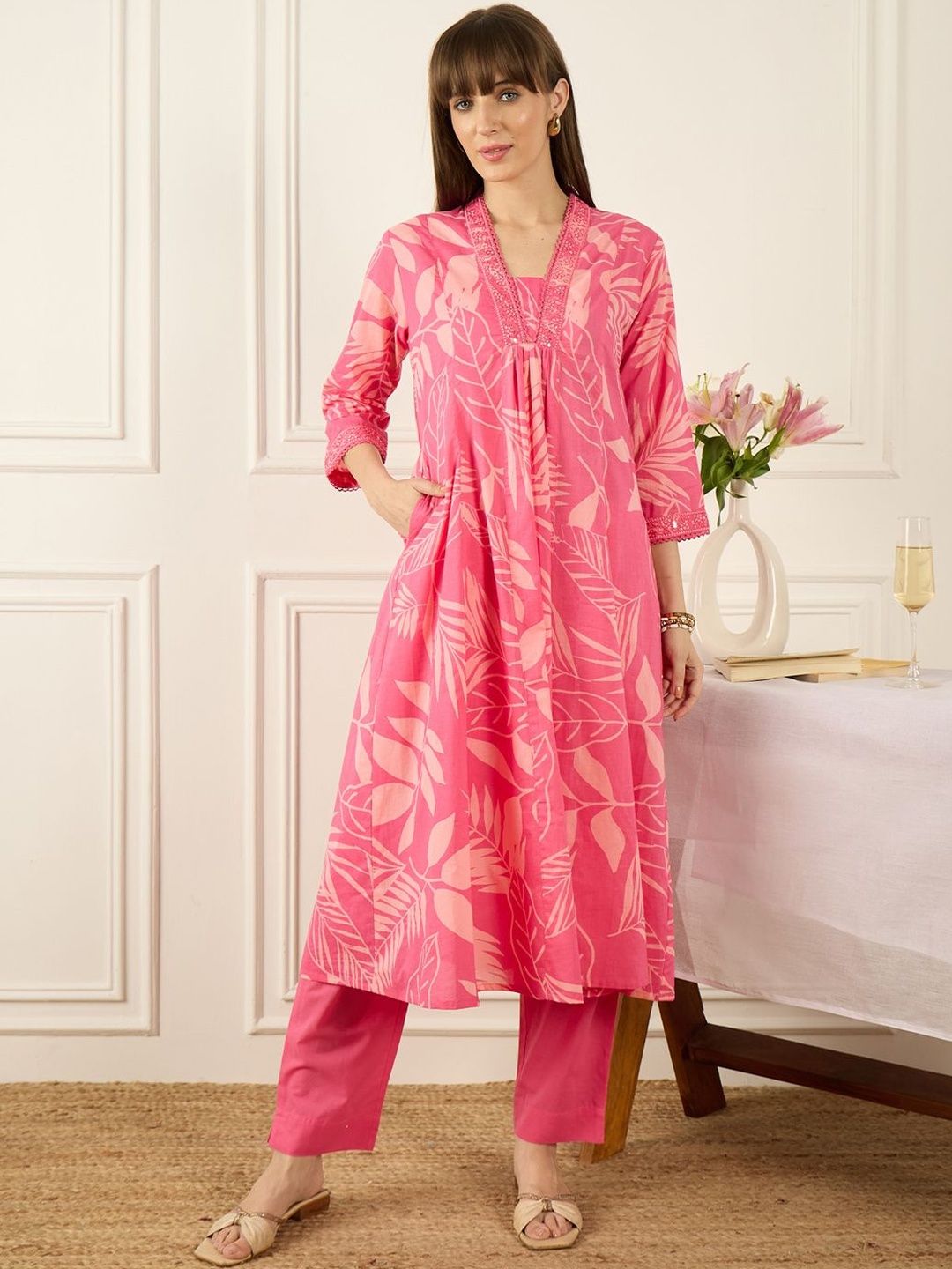 Floral Printed Thread Work Pure Cotton Kurta With Palazzos & Dupatta