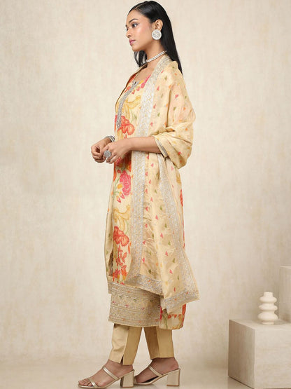 Dhiyona SO Women's Floral Botanical Printed Notch Neck Sequinned Tissue Kurta With Trousers & Dupatta
