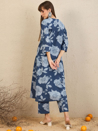Dhiyona IE Floral Printed Pleated V Neck Straight Kurta With Trousers