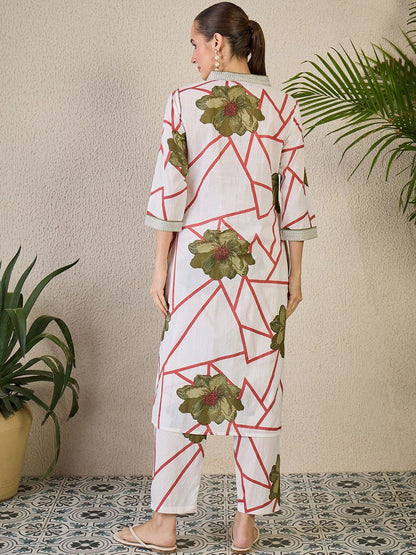 Dhiyona IE Floral Printed V-Neck Straight Pure Cotton Kurta With Trousers