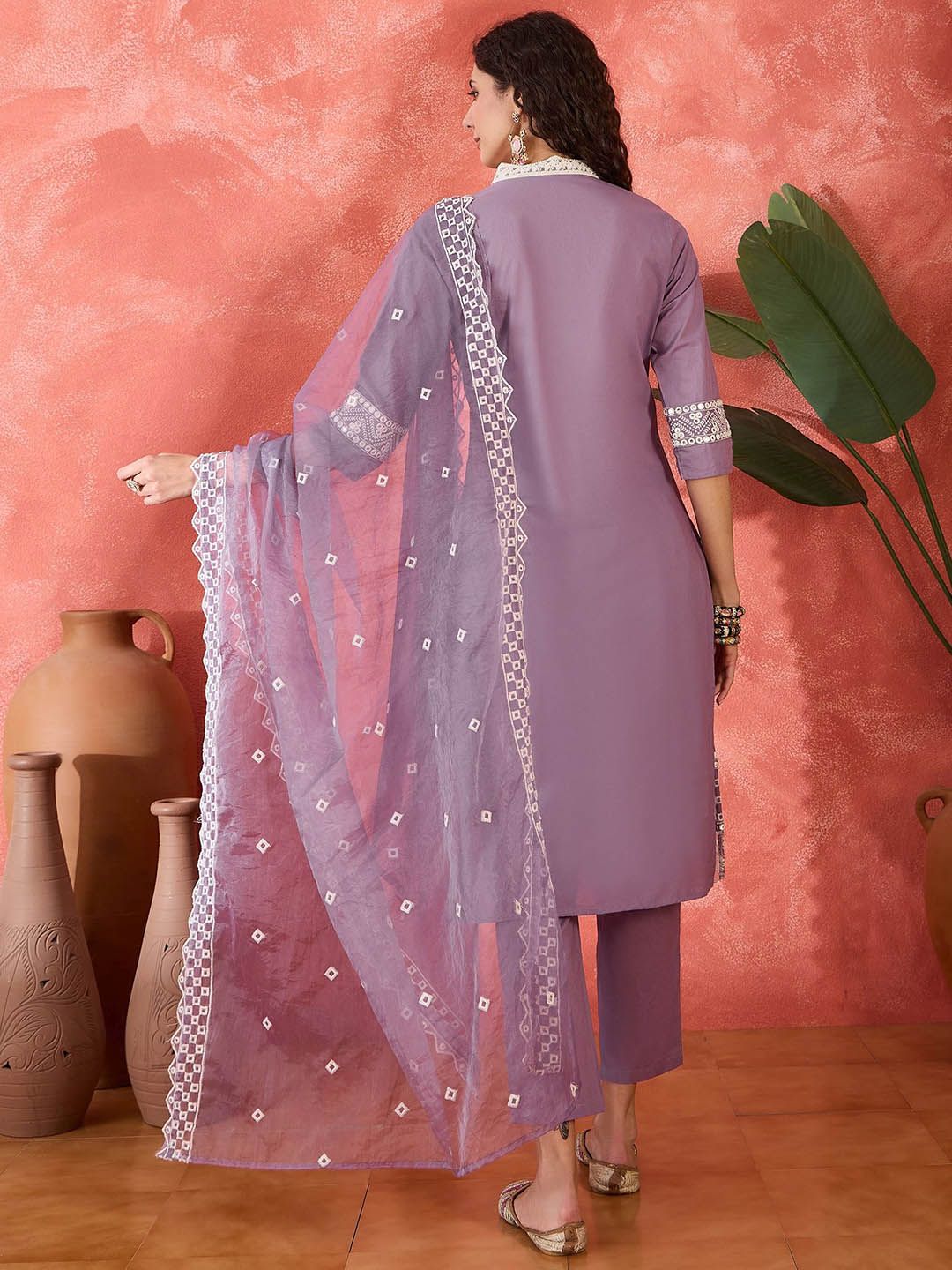 Dhiyona SN Women's Floral Embroidered V-Neck Mirror Work Pure Cotton Kurta With Trouser & Dupatta