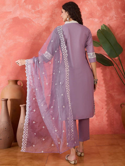 Dhiyona SN Women's Floral Embroidered V-Neck Mirror Work Pure Cotton Kurta With Trouser & Dupatta