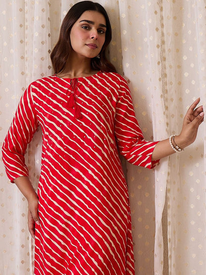 Women Leheriya Printed Regular Sequinned Kurta with Trousers