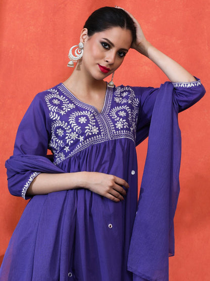 Dhiyona SN Women's Floral Embroidered Pure Cotton Anarkali Kurta And Trousers With Dupatta