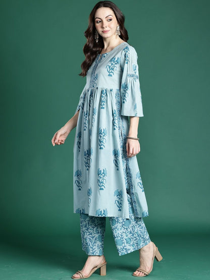 Women Floral Printed Empire Thread Work Pure Cotton Kurta with Palazzos