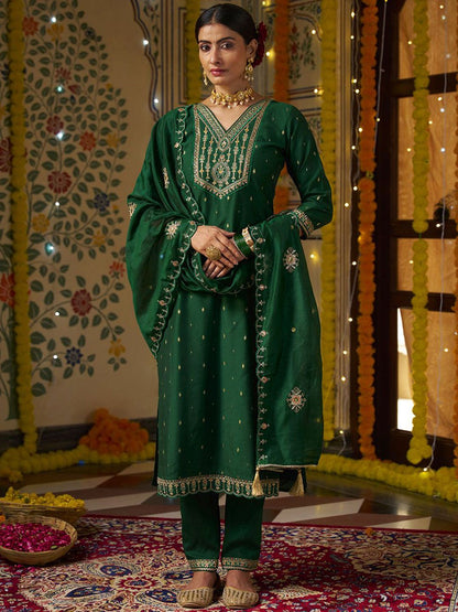 Dhiyona CH Floral Embroidered V-Neck Mirror Work Straight Kurta With Trousers & Dupatta