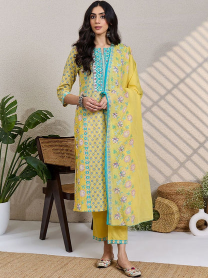 Floral Printed Notch Neck Pure Cotton Straight Kurta & Trousers With Dupatta