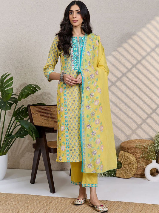 Floral Printed Notch Neck Pure Cotton Straight Kurta & Trousers With Dupatta